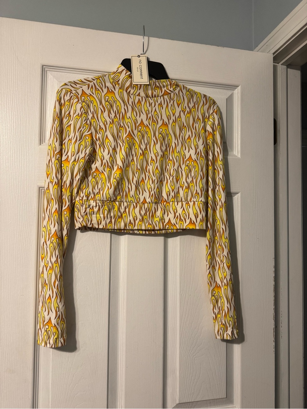 High-Neck Cropped Long-Sleeve Top in Yellow Flame Print